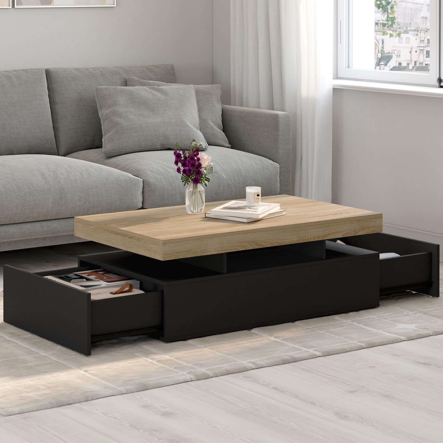 IDMarket - Table Basse Fixe Elsa avec 2 tiroirs Noir et Bois