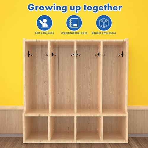 Miniatura 7 de Armario de abrigos para niños con banco, muebles naturales para niños pequeños de 4 secciones para almacenamiento organizado (4 secciones)