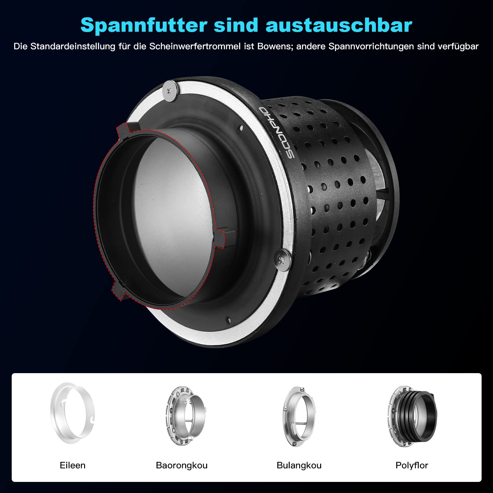SOONPHO Snoot Optique Conique Bowens Mount avec Objectif 50mm, 8 GOBOs 4 filtres Couleur et 4 filtres Graphiques pour la Photographie créative