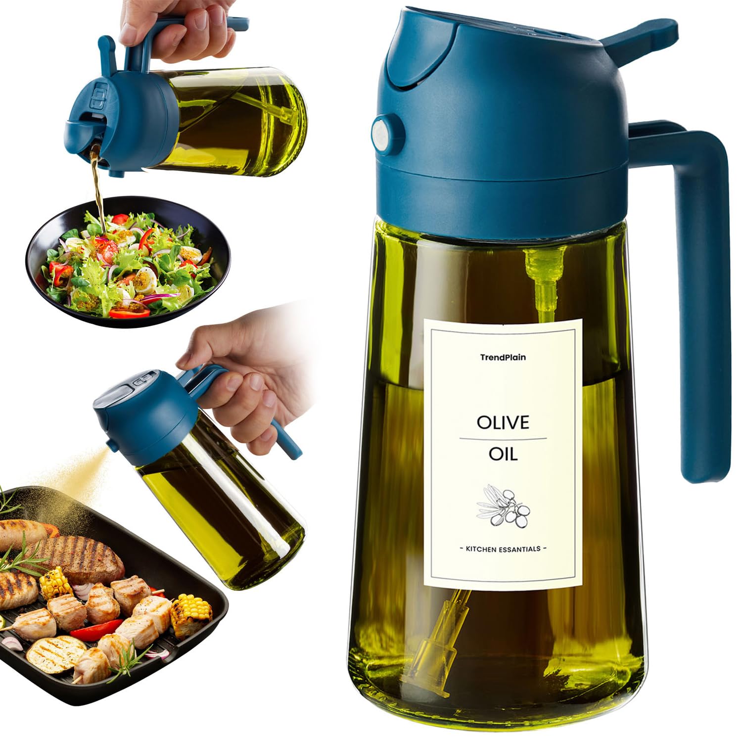 TrendPlain 470ml Olive Oil Spray Bottle - 2 in 1 Olive Oil Dispenser Bottle for Kitchen Accessories - Kitchen Gadgets, For Air Fryer - with Stickers, Light Blocking - Navy