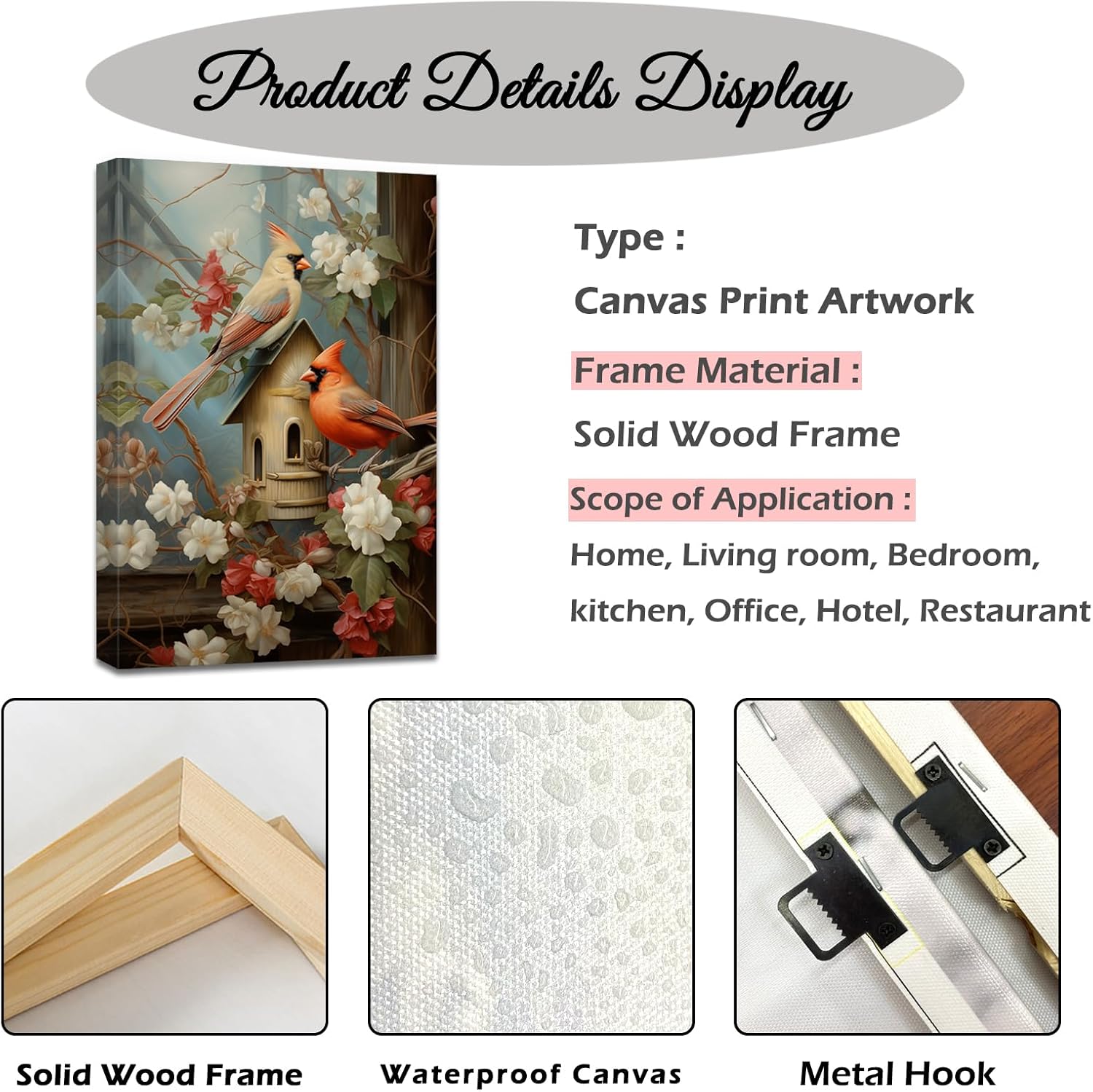 QIXIANG Cardinal Canvas Wall Art Red Bird on Birdhouse Picture Prints Farmhouse Birds Animal Paintings Bathroom Decor Framed(Bird 4,16.00" x 24.00")