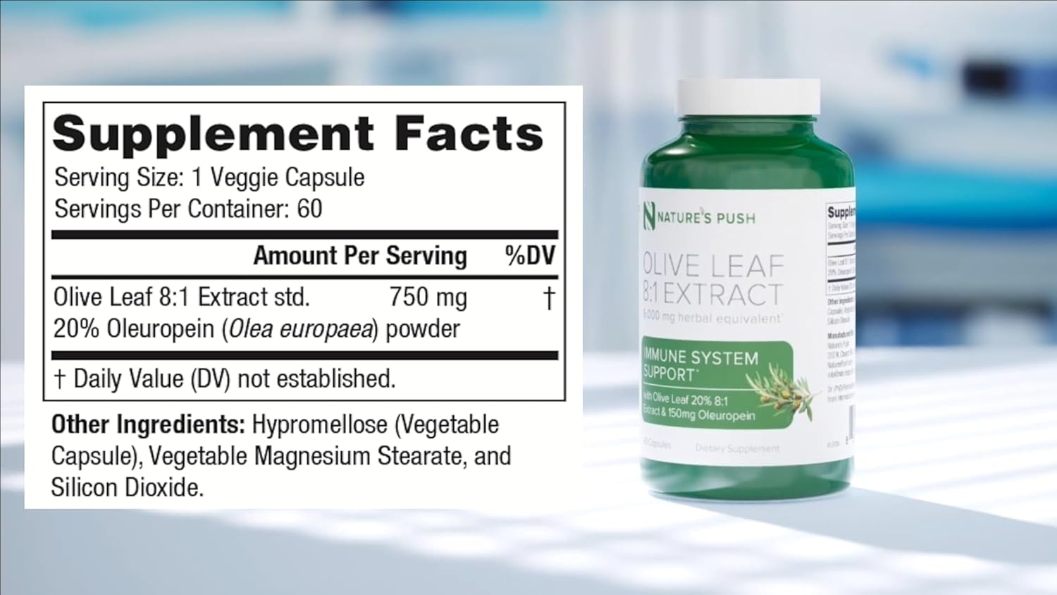 Nature's Push Super Potent Olive Leaf 8:1 Extract 20% Oleuropein 750mg Capsule Immune System, Skin, and Heart Health Support Vegan Non-GMO USA cGMP Gluten Free Antioxidants 60 Capsules 2 Month Supply - Image 5