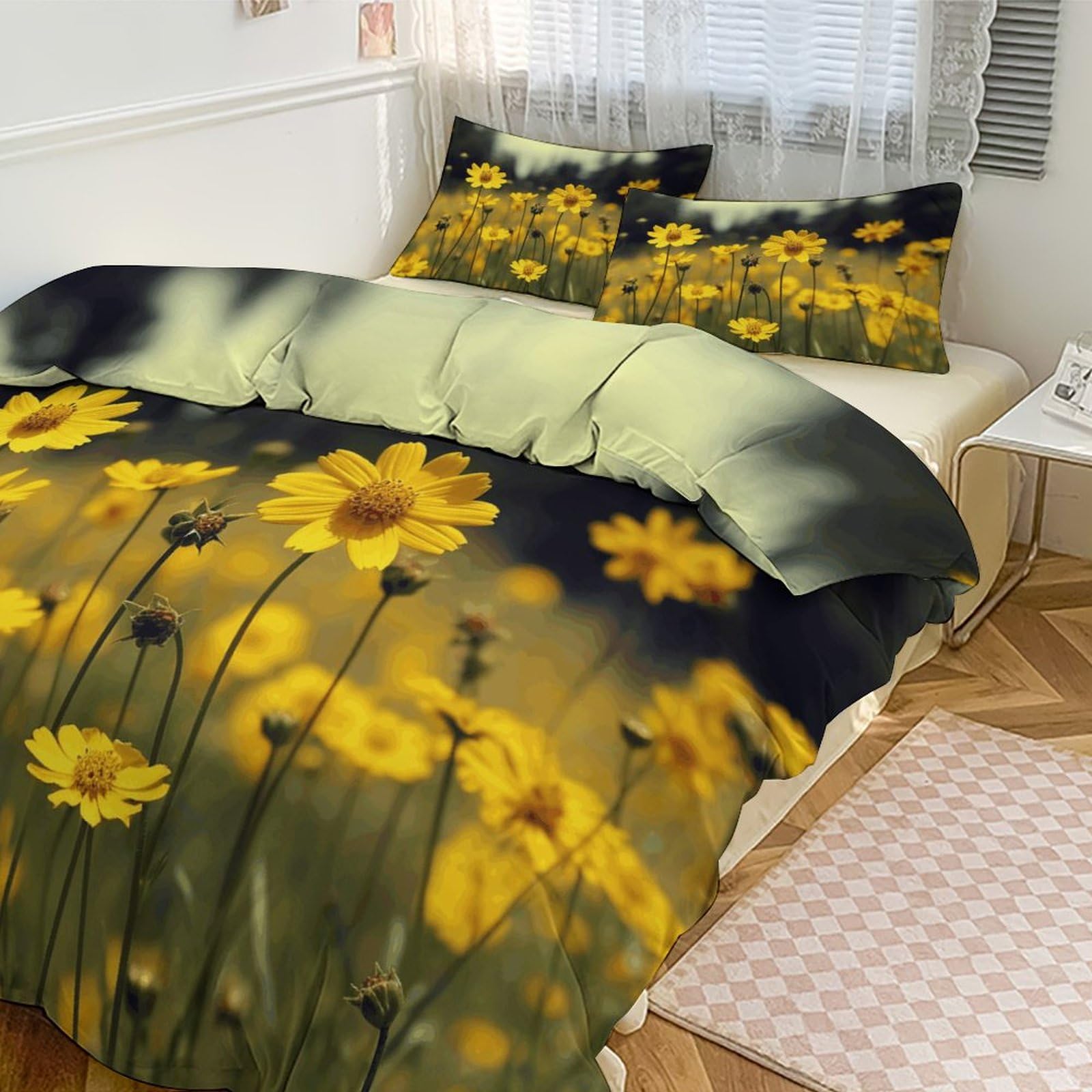 Parure de lit 3 pièces housse de couette floral jaune d'été respirante 200,7x228,6 cm