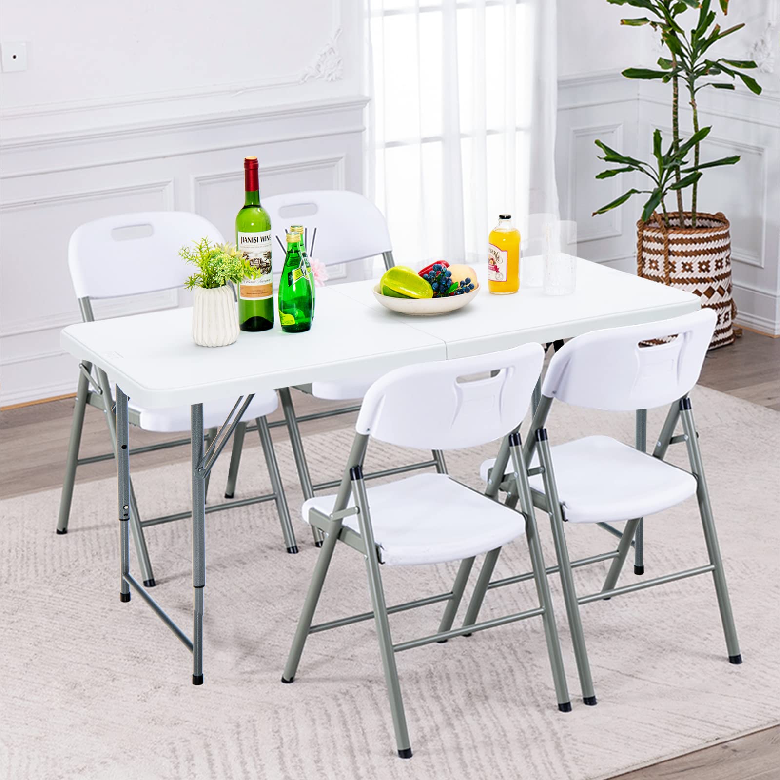 KOMFOTTEU Tavolo Pieghevole Regolabile in Altezza 120x60x74,5 cm Bianco HDPE Ferro Campeggio Picnic