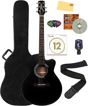 Jasmine S34C NEX Orchestra-Style Cutaway Acoustic Guitar - Black Bundle with Case, Tuner, Strings, Strap, Picks, Austin Bazaar Instructional DVD, and Polishing Cloth