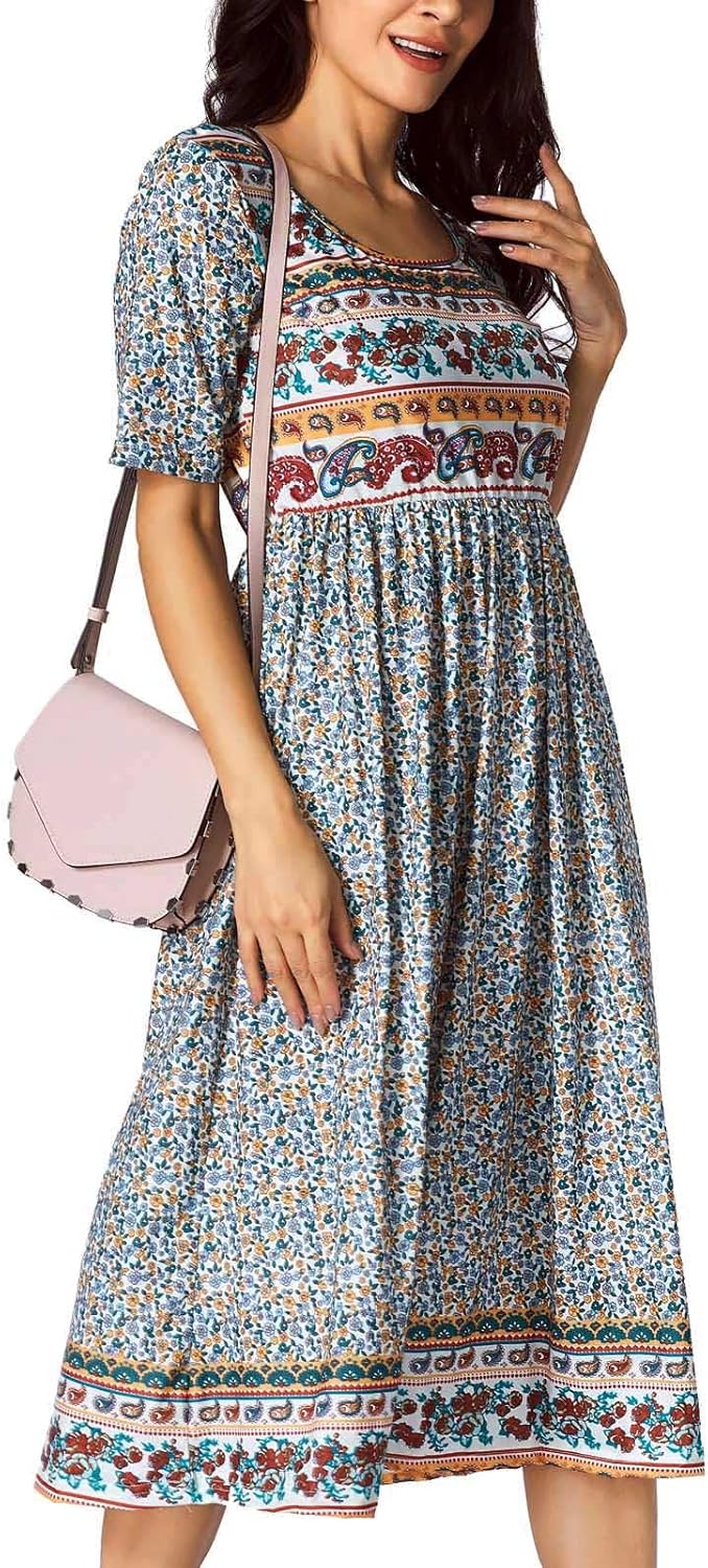 Women's Boho Floral Maxi Dress Casual Boho 2026 Summer Short Sleeve Beach Dresses with Pockets - Image 4