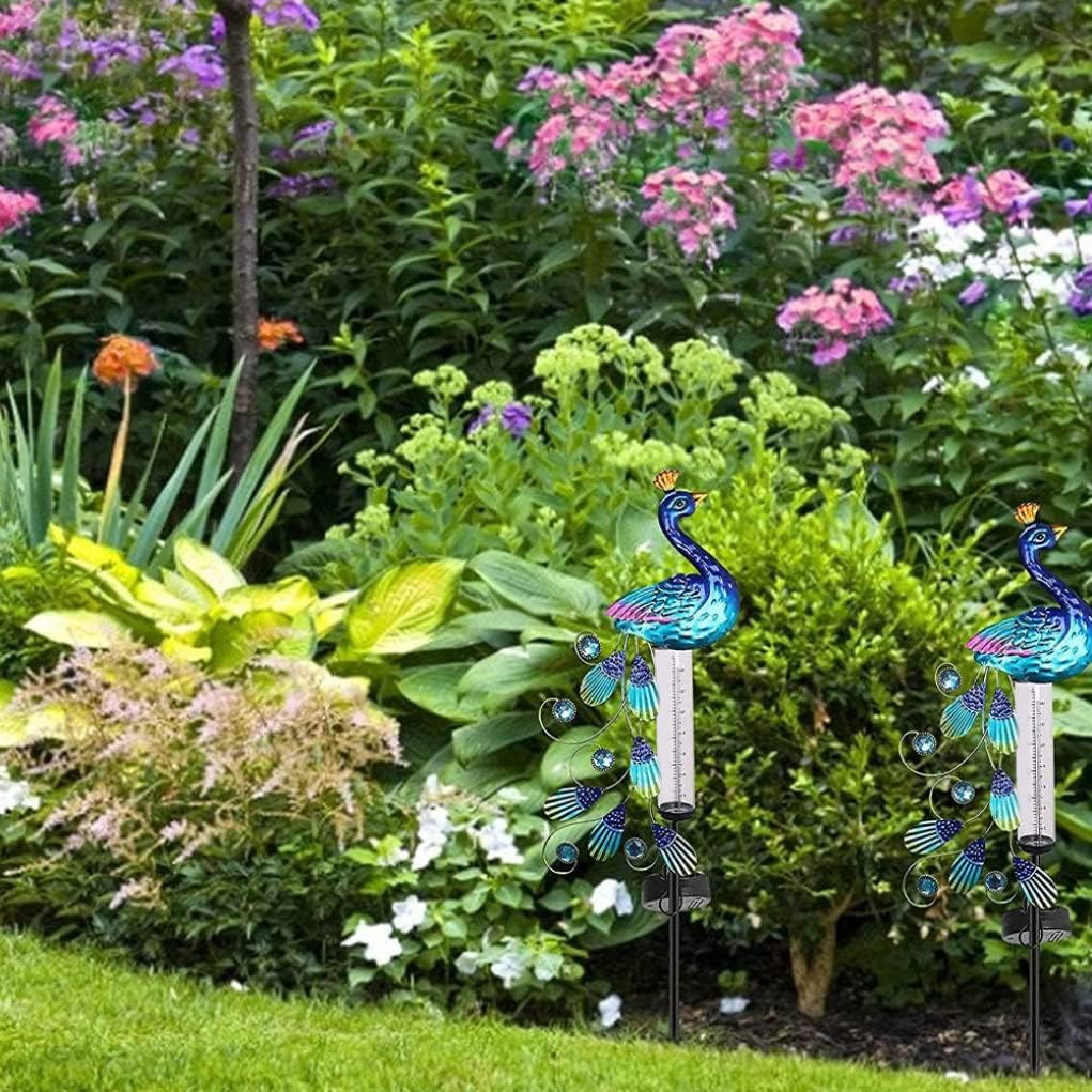 Rain Gauge Ground Rain Gauge Light Solar Powered Metal Peacock Garden Stakes Waterproof Yard Decorations