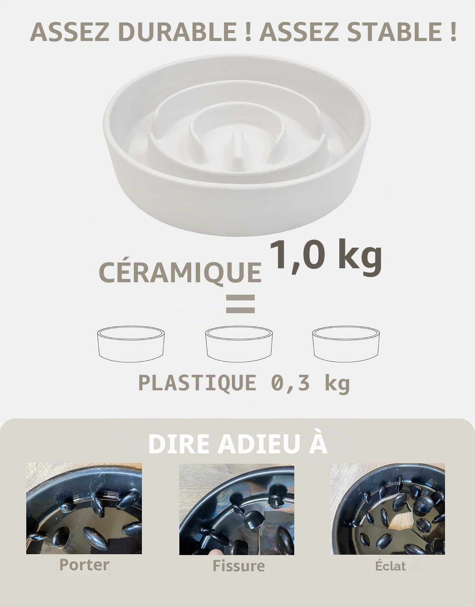 Gamelle Anti-Gloutonie pour Chiens de Moyenne et Grande, Bols Surélevés en Céramique pour Slow-Feeder, Antidérapante Gamelle pour Chiens, Ø 21cm, 1000ml, Blanc Ivoire1