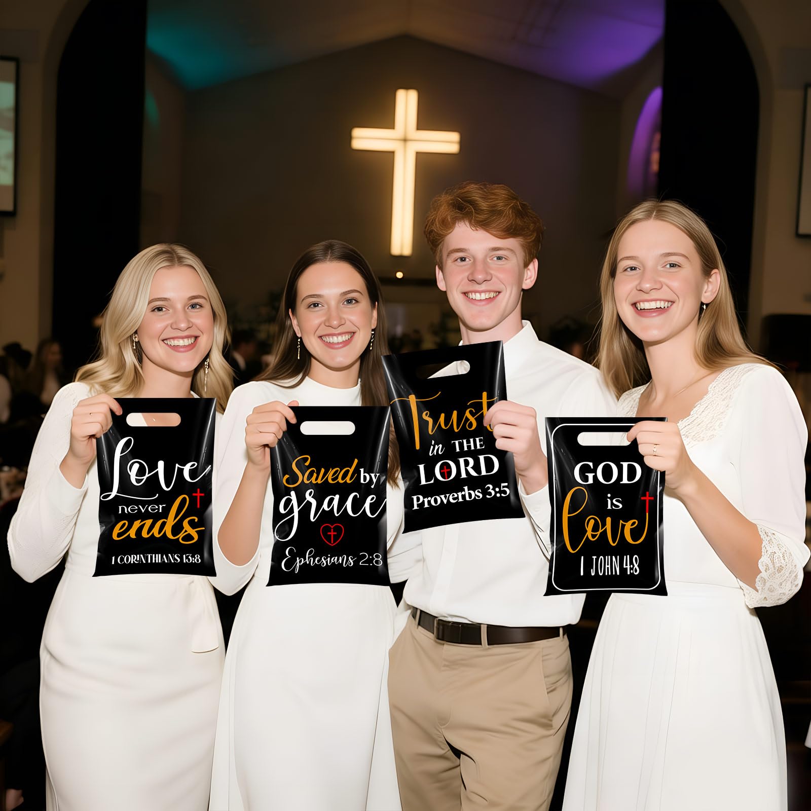 Pasimy 100 Pcs Christian Gift Bags Bulk 6.7 x 9.8 In Plastic Bible Verse Religious Goodie Bags Inspirational Scripture Treat Candy Party Favor Pouch for Church Jesus Birthday Gifts(Black,Elegant)
