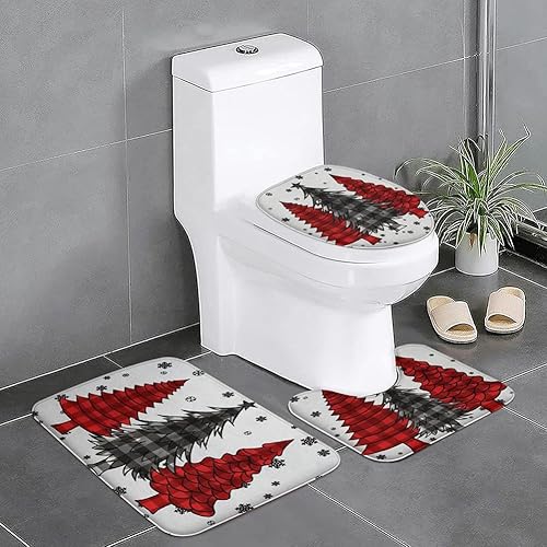 Miniatura 4 de Juego de 3 alfombras y tapetes de baño para árbol de Navidad, diseño de copos de nieve de invierno, antideslizantes, fundas para asiento de inodoro,