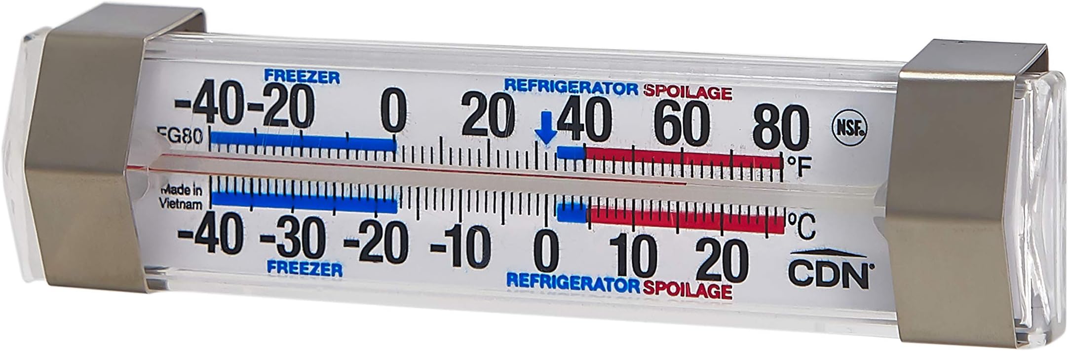CDN FG80 Refrigerator/Freezer Thermometer | NSF Certified | Dual Scale -40 to 80°F | Ideal for Fridge & Freezer Monitoring | Stainless Clips | Durable Design | FG80