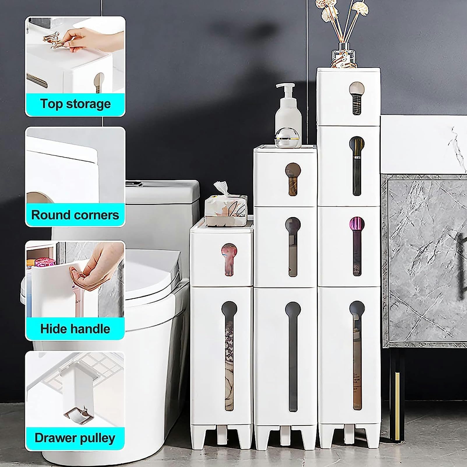 Cassettiera sottile con 4 cassetti e 2 rotelle, armadio da bagno stretto per piccoli spazi