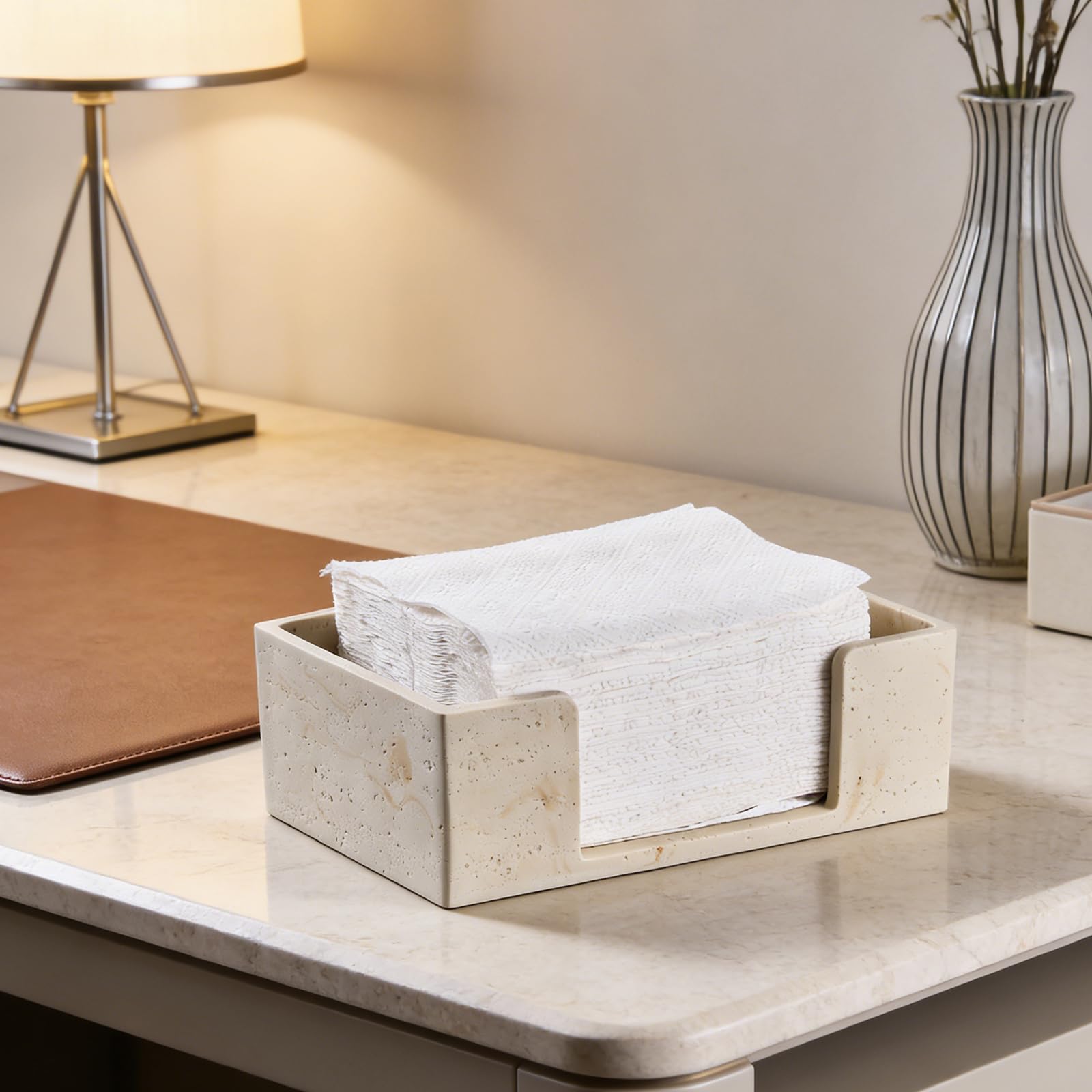 Servilletero de baño con texturas de travertino natural, dispensador de toallas de papel para encimera, plegable en C, triple, plegado en Z, organizador de toallas de mano desechables, soporte para