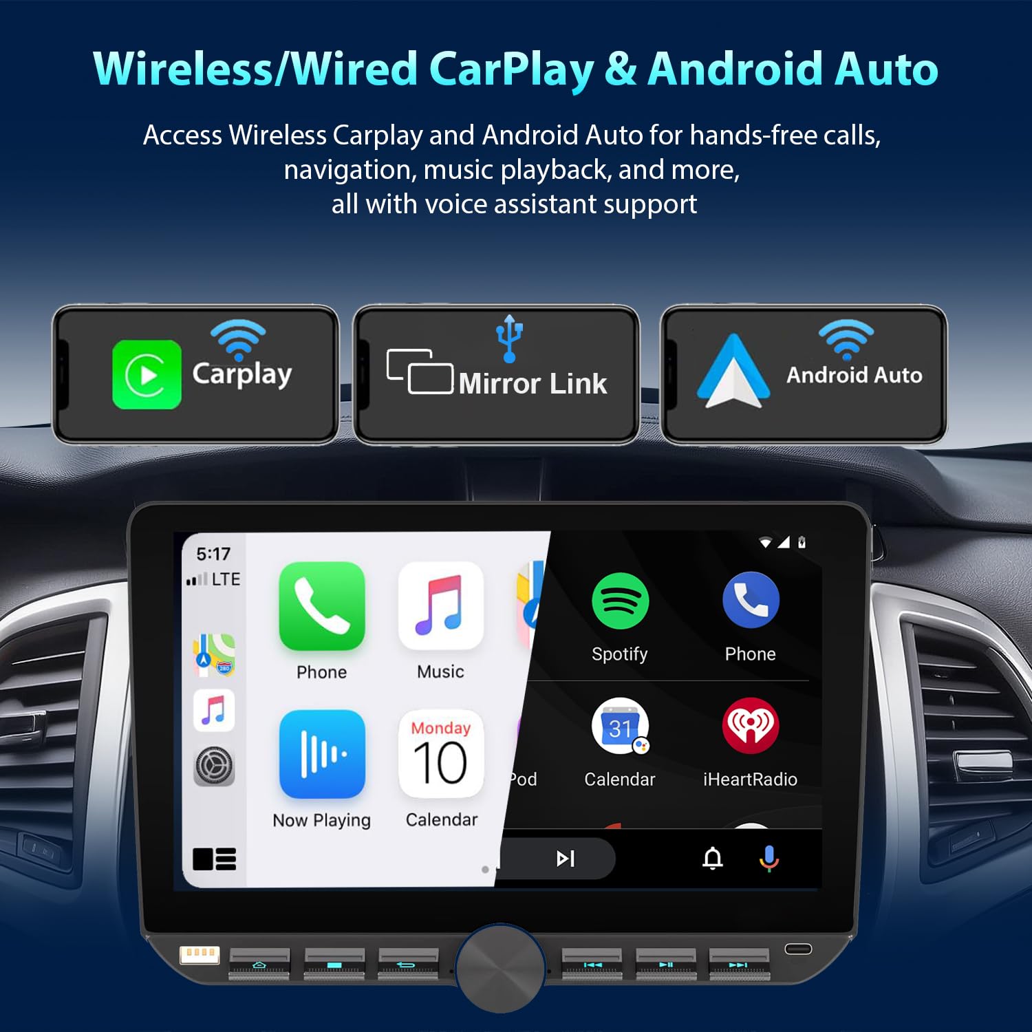 Autoradio 1Din mit drehbar Bildschirm(10.1"), Kompatibel mit [Wireless] Apple CarPlay/Android Auto Bluetooth USB Typ-C Rückfahrkamera AM/FM/RDS Radio