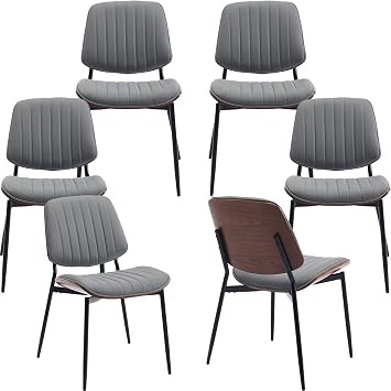 ODUSE-DAILY Mid Century Modern Dining Chairs Set of 6, Grey Kitchen & Dining Room Chairs Set of 6, Upholstered PU Leather Kitchen Chairs, Sillas de Comedor, Metal Legs, Walnut Back Grey, 6 Pcs