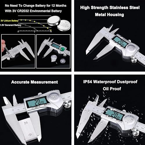 Miniatura 21 de Kynup Calibrador digital, herramienta de medición de 6 pulgadas con acero inoxidable, diseño de protección IP54 a prueba de salpicaduras, fácil