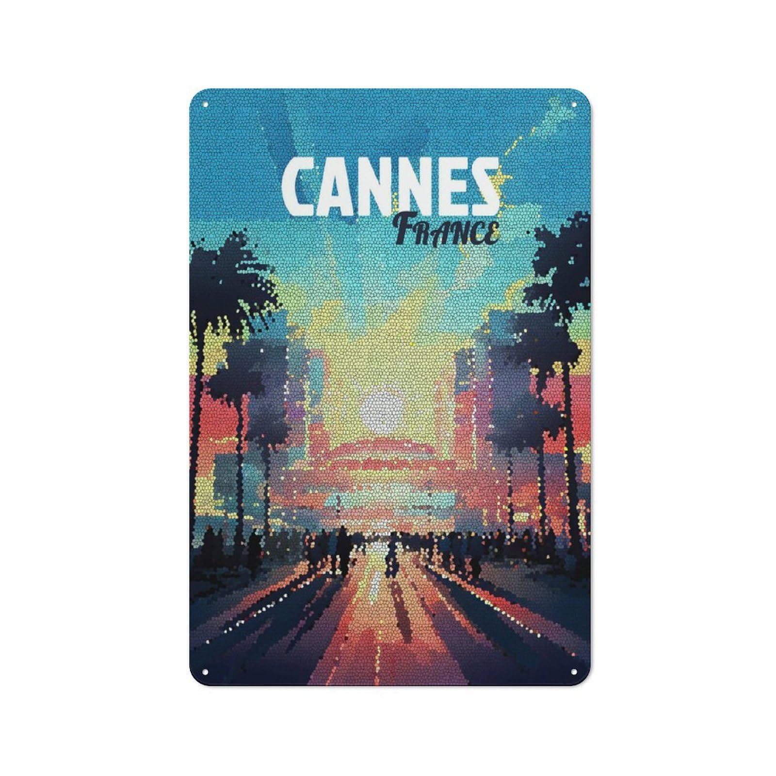 Junmoney Style-10 Outdoor Room Shed Metal Sign 30X20cm Featuring Cannes, France Mosaic Art, Utility Space Decor For Patio Bar, Workshop, Shed Or Kitchen