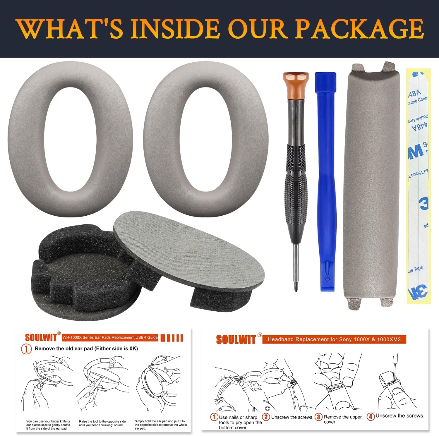 SOULWIT Replacement Kit for Sony WH-1000XM2 (WH1000XM2) & MDR-1000X (MDR1000X) Headphones, Ear Pads Cushions + Headband Replacement Headstrap Pad Repair Part - Gold
