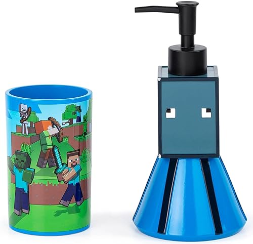 Minecraft - Juego de baño de 2 piezas, dispensador de jabón azul y vaso, accesorios de baño de resina para niños, incluye enredadera