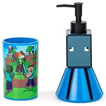 Jay Franco Minecraft 2 Piece Set - Blue Soap Dispenser & Tumbler Set - Kids Resin Bathroom Accessories Features Creeper
