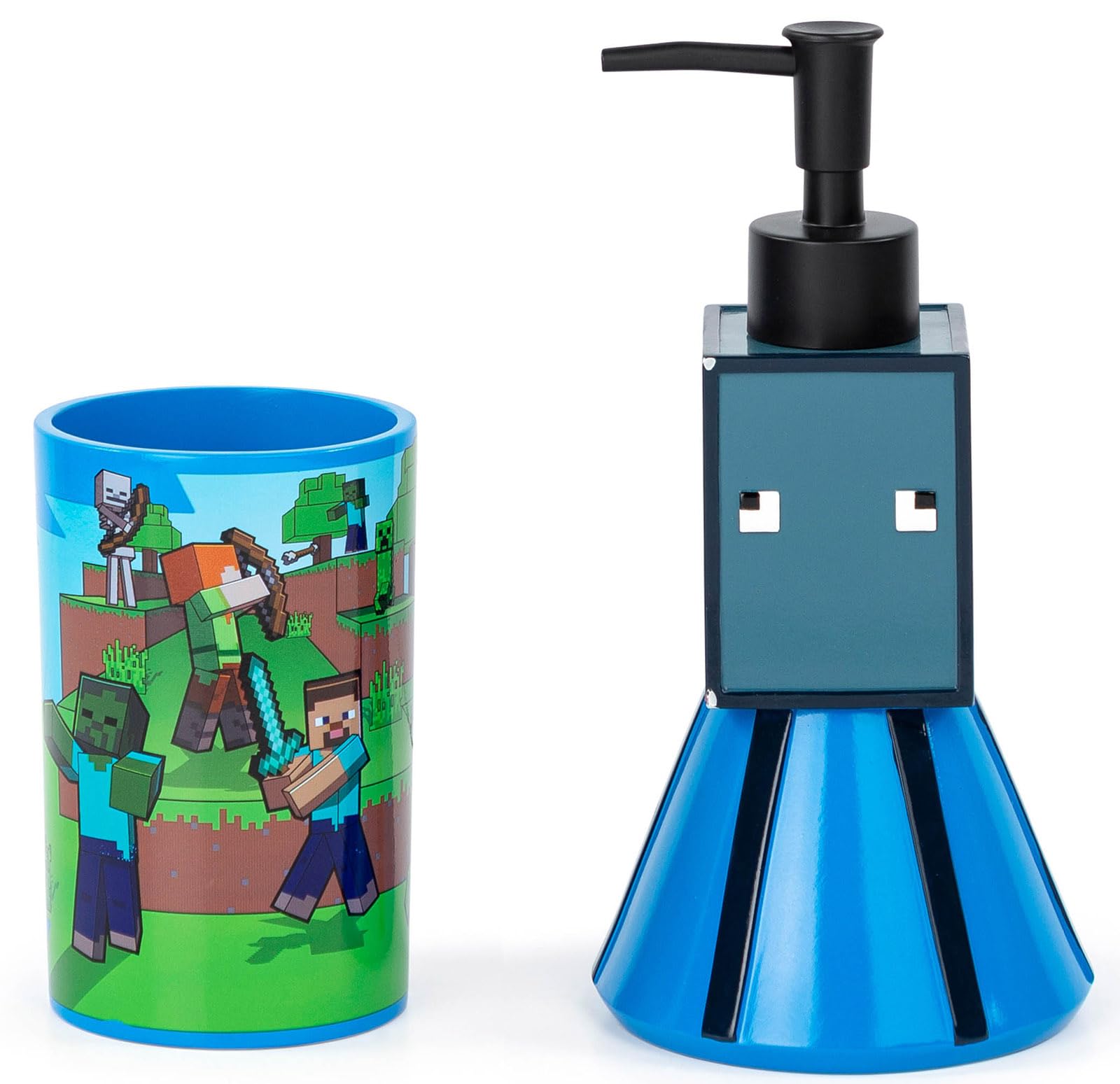 Jay Franco Minecraft 2 Piece Set - Blue Soap Dispenser & Tumbler Set - Kids Resin Bathroom Accessories Features Creeper