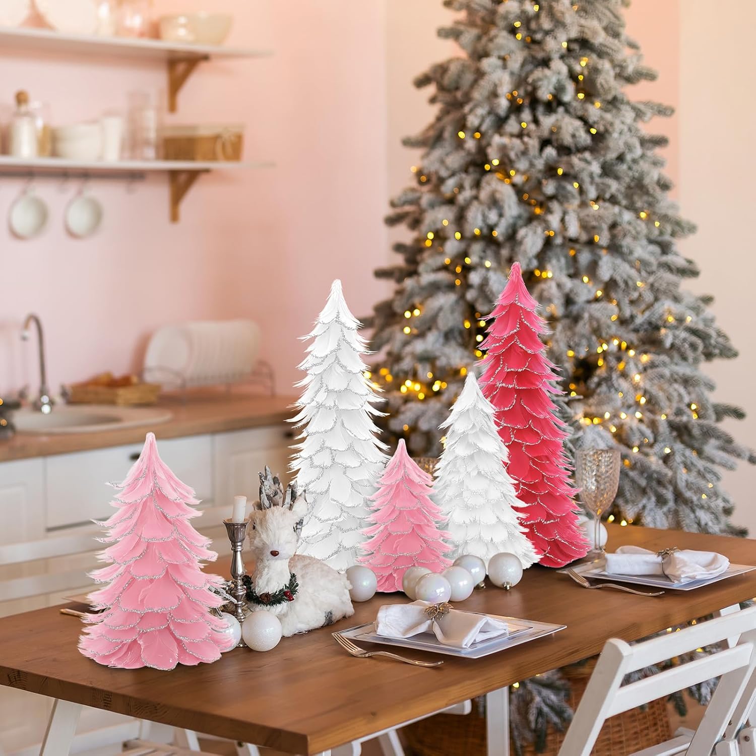 6 Pcs Christmas Feather Tree with Glitter Tips Tabletop Feather Xmas Tree Centerpieces Table Desk Christmas Decorations for Home Winter Wedding Party, 6", 8", 12"(Pink,Silver) - Image 4