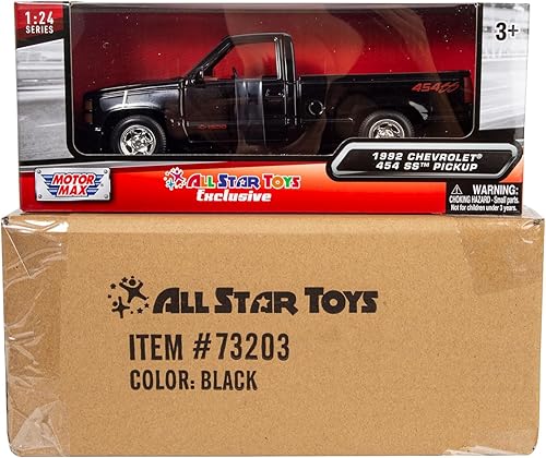 Miniatura 9 de All Star Toys 1992 Chevy C1500 454SS Pickup Truck a escala 1/24, modelo de coche fundido en metal negro con interior rojo Silverado 454 SS Motormax
