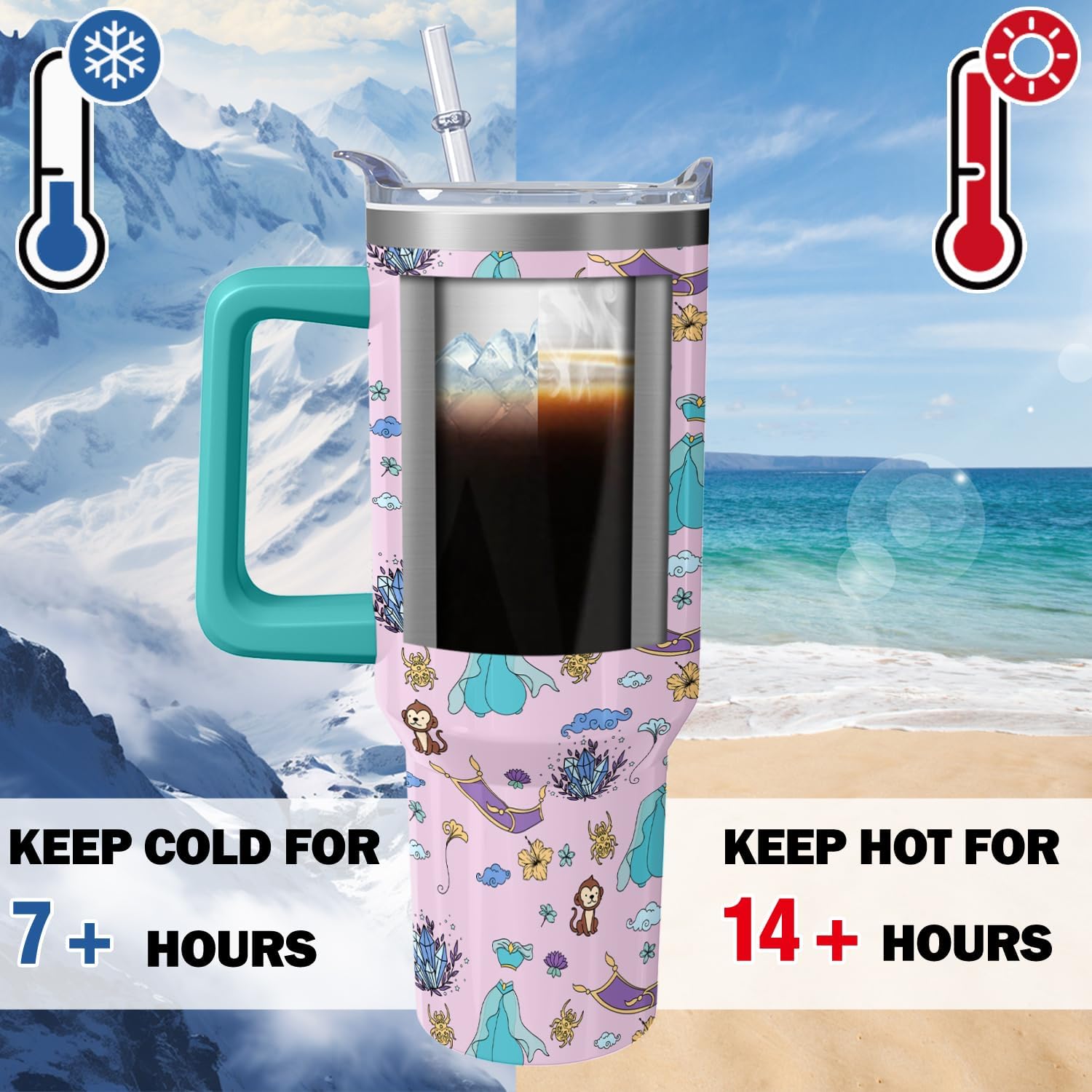 Cartoon Princess Tumbler with Handle & Straw | Princesses Dress and Magic-Blanket | Travel Coffee Mug -Birthday/Christmas Gift to Girl/Women - Image 4