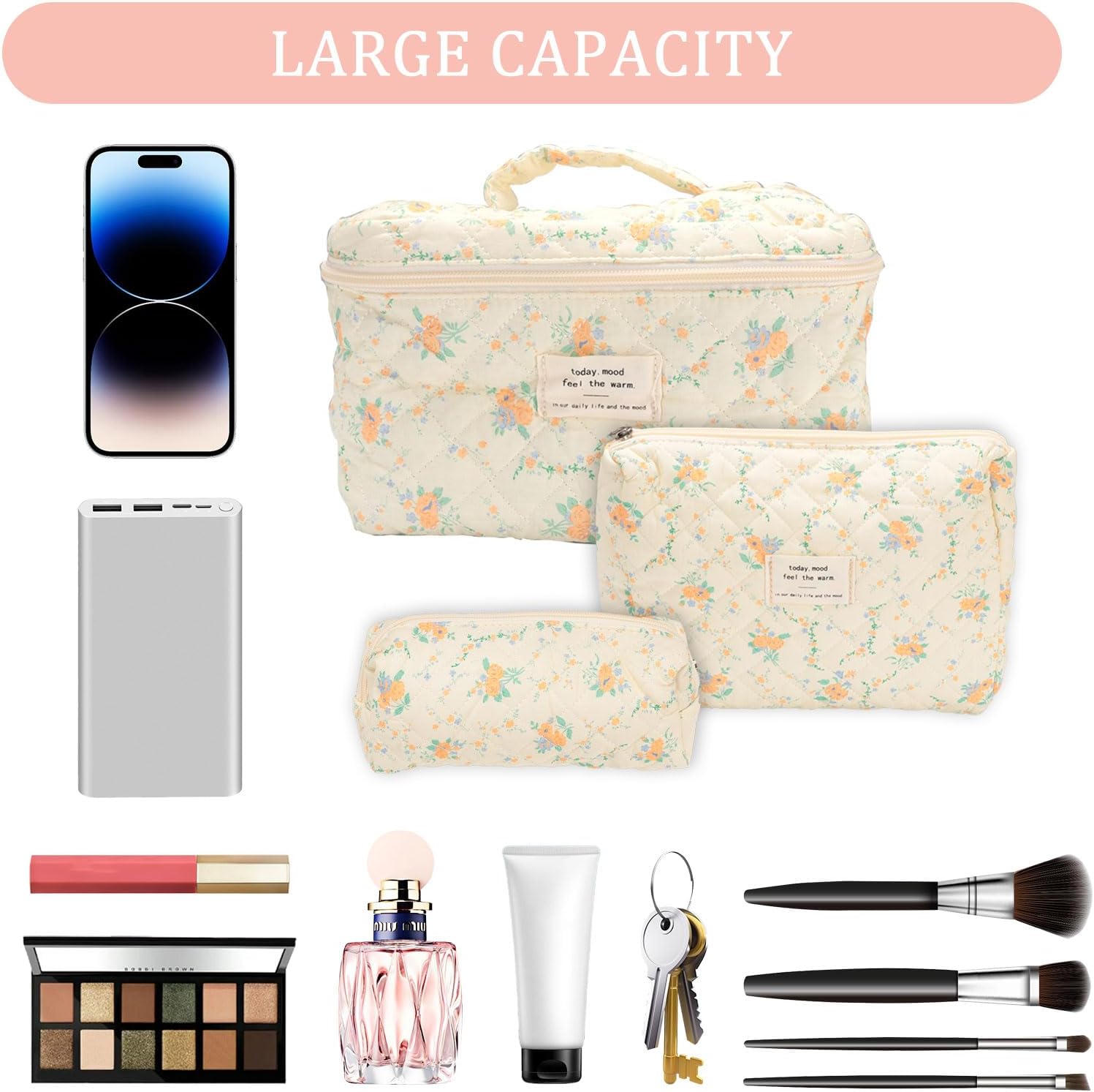 3 Pcs Floral Makeup Bag Set, Cute Makeup Bags Quilted Toiletry Travel Skincare Bag, Quilted Makeup Aesthetic Floral Pouch, Make Up Bag Set Cute Large Cosmetic Bags for Women