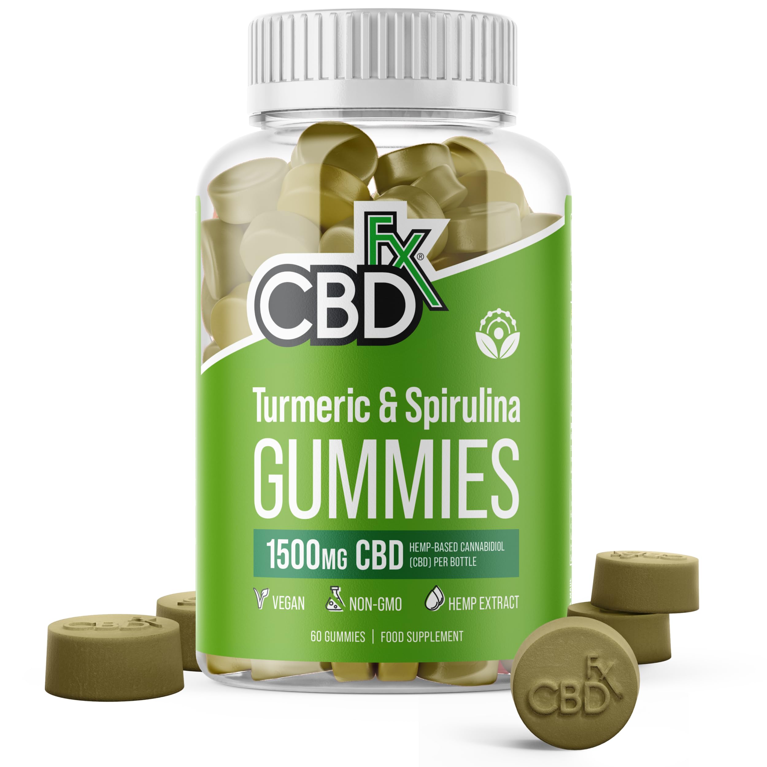CBDfx 1500mg High Strength Turmeric Spirulina CBD Gummies 25mg Turmeric 10mg Spirulina 25mg CBD per Gummy 60x Bottle (30 Days)