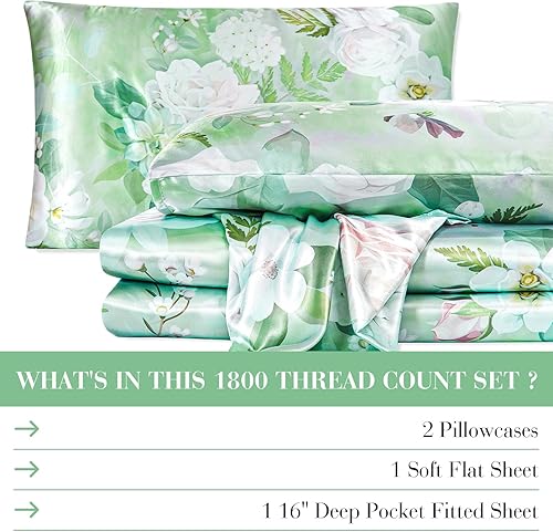 Miniatura 8 de YIYEA Sábanas de satén, estampado floral, lujoso juego de sábanas tamaño Queen de tacto sedoso, elegante juego de sábanas de satén suave, bolsillo