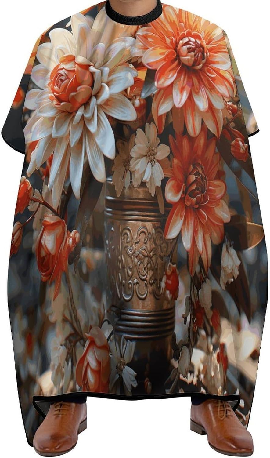 Orange Flowers Apron for Women Men,Barber Cape with Adjustable Snap Closure,Hair Cutting Cape,66.9 X 56.7 Inches for Hair Dye, Comb-out, Styling, Shampoo