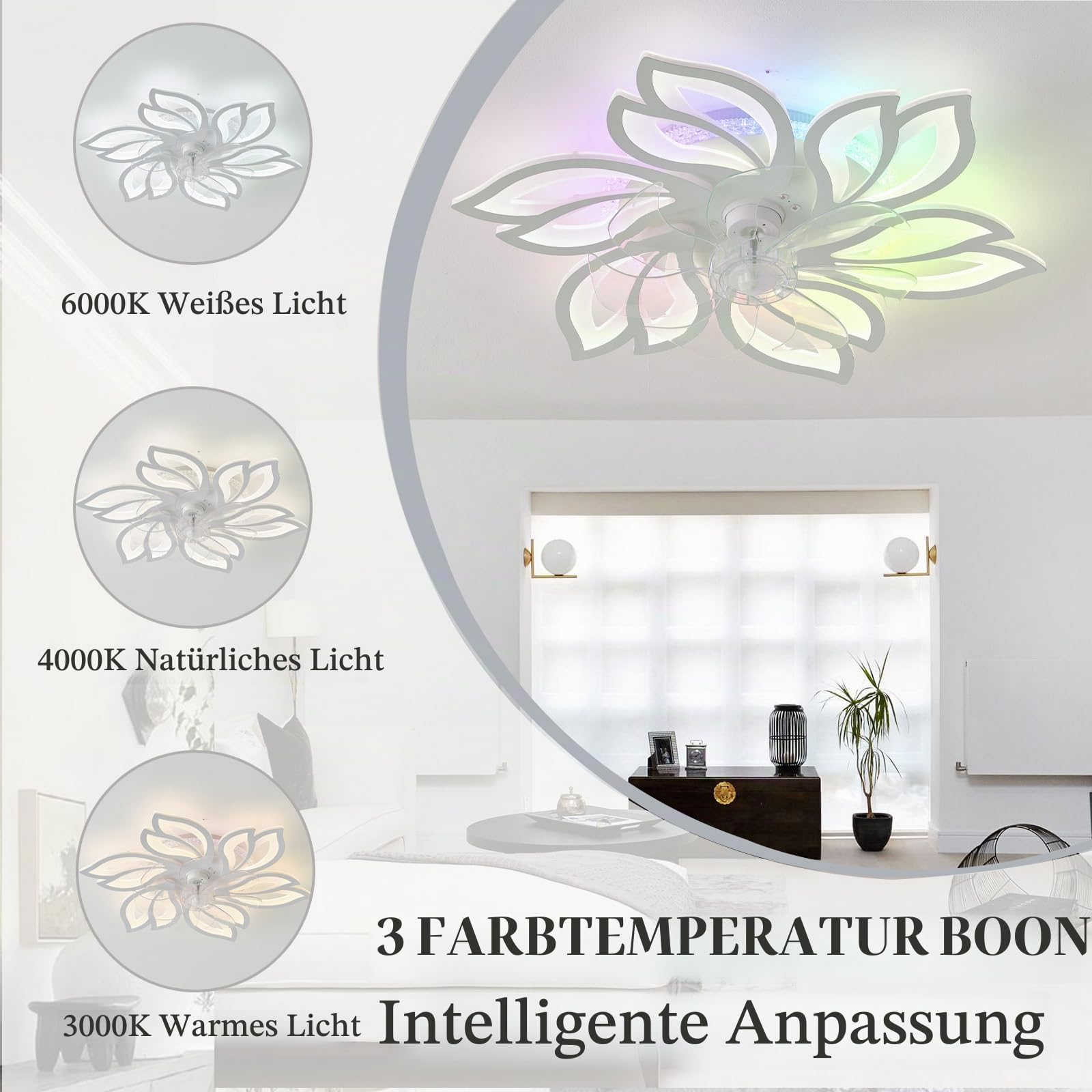 RGB Flower Deckenventilator Mit Licht Und Fernbedienung Leise Reversible DC Motor Schlafzimmer Licht Mit Ventilator LED Dimmbar Wohnzimmer Ventilator Lampe Design, 6 Lichter, Memory-Funktion