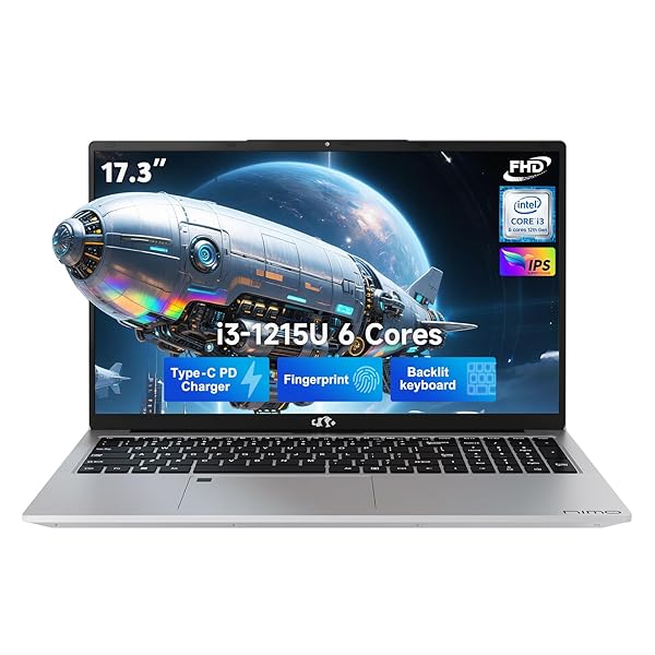 NIMO 17.3" IPS FHD Laptop, Intel 6 Cores i3-1215U 16GB RAM 512GB SSD (Beat Ryzen 5 7520U, Up to 4.4GHz) Computer with 65W Type C Backlit Keyboard Fingerprint, for Home Student and Business