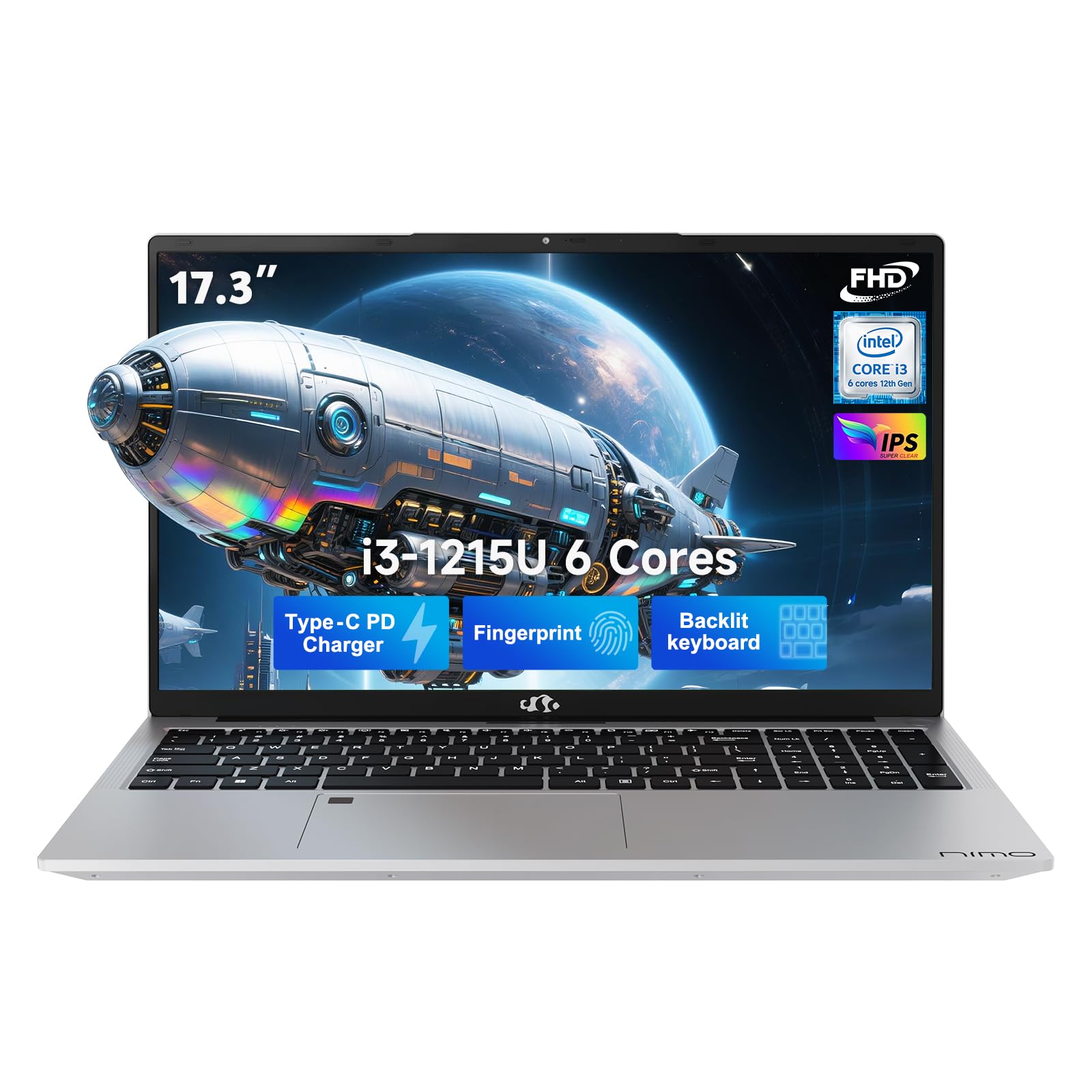 17.3" IPS FHD-Student-Laptop, Intel 6 Core I3-1215U 16GB RAM 256GB SSD (Beat R5 7520U, Up to 4.4GHz) Computer with 65W Type C Backlit Keyboard Fingerprint Wi-Fi 6, for Home and Business