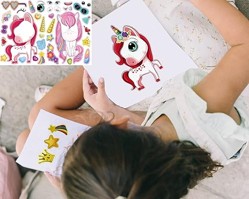 Miniatura 6 de 24 hojas de calcomanías de unicornio para hacer una cara para niños, hojas de calcomanías para niñas, niños, unicornio fiesta de cumpleaños, regalos
