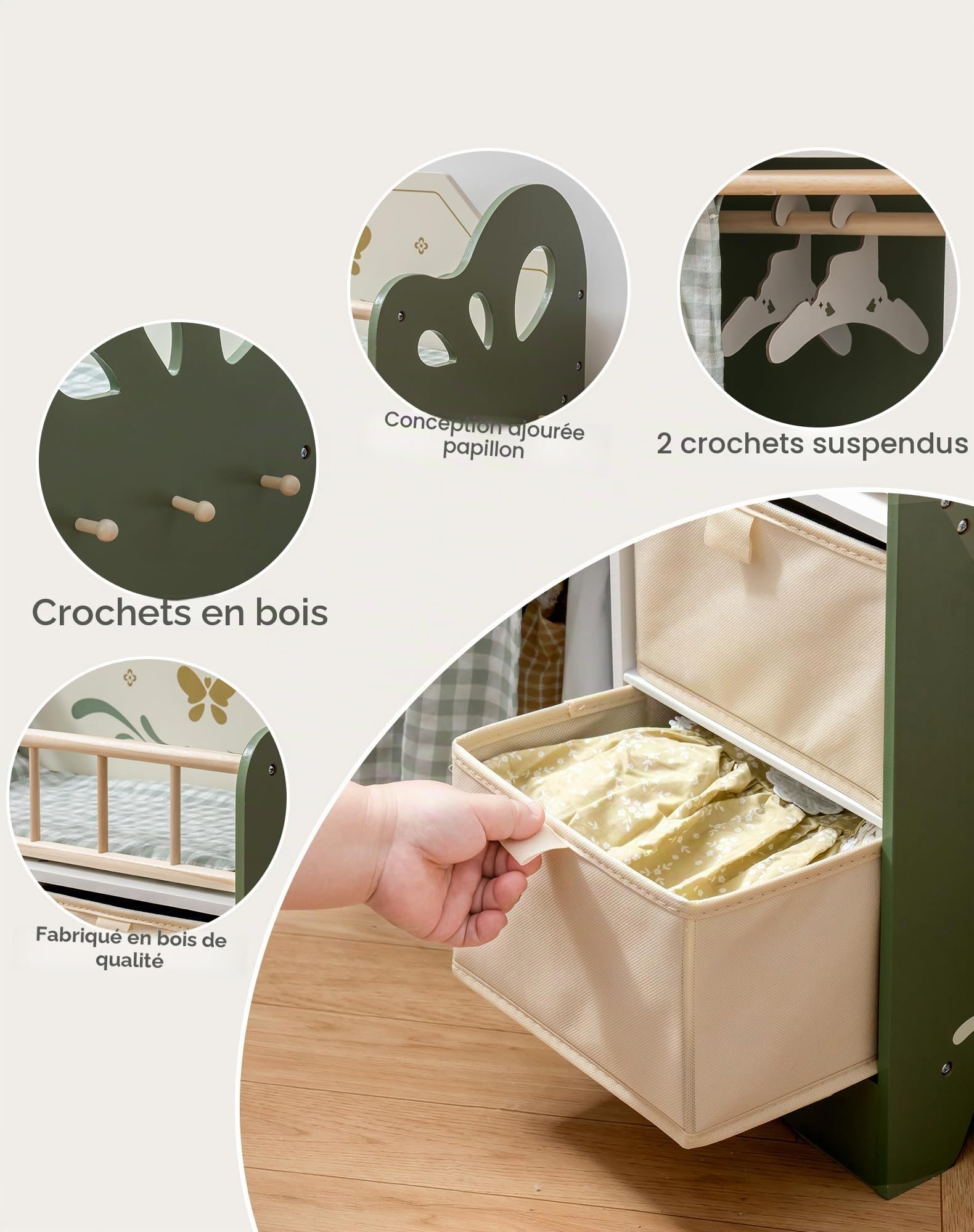 ROBUD Lit de poupée en bois avec armoire, linge de lit, espace de rangement et crochets, pour poupées jusqu'à 51 cm, cadeaux pour filles à partir de 3 ans (vert)