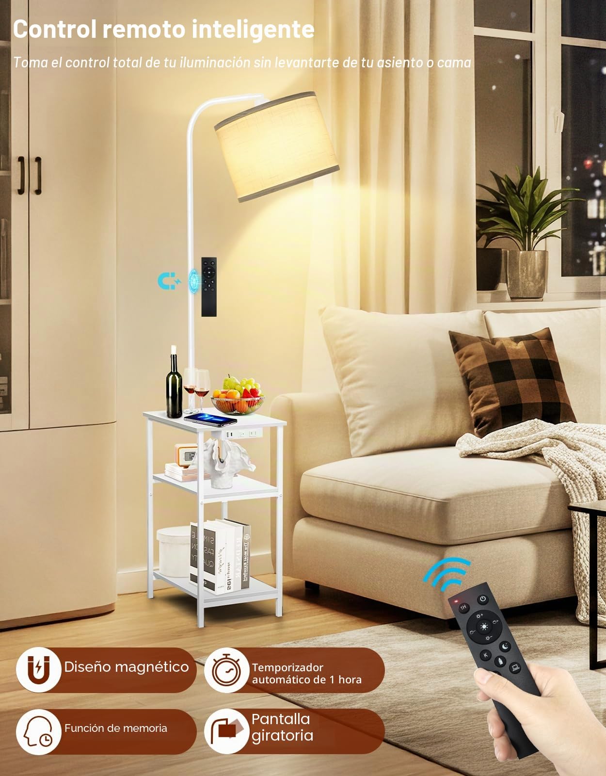 Lámpara de Pie con Mesa y Estante, LED Regulable con Mando, 3 Temperaturas de Color, Mesa Auxiliar con Carga USB y Almacenamiento para Salón