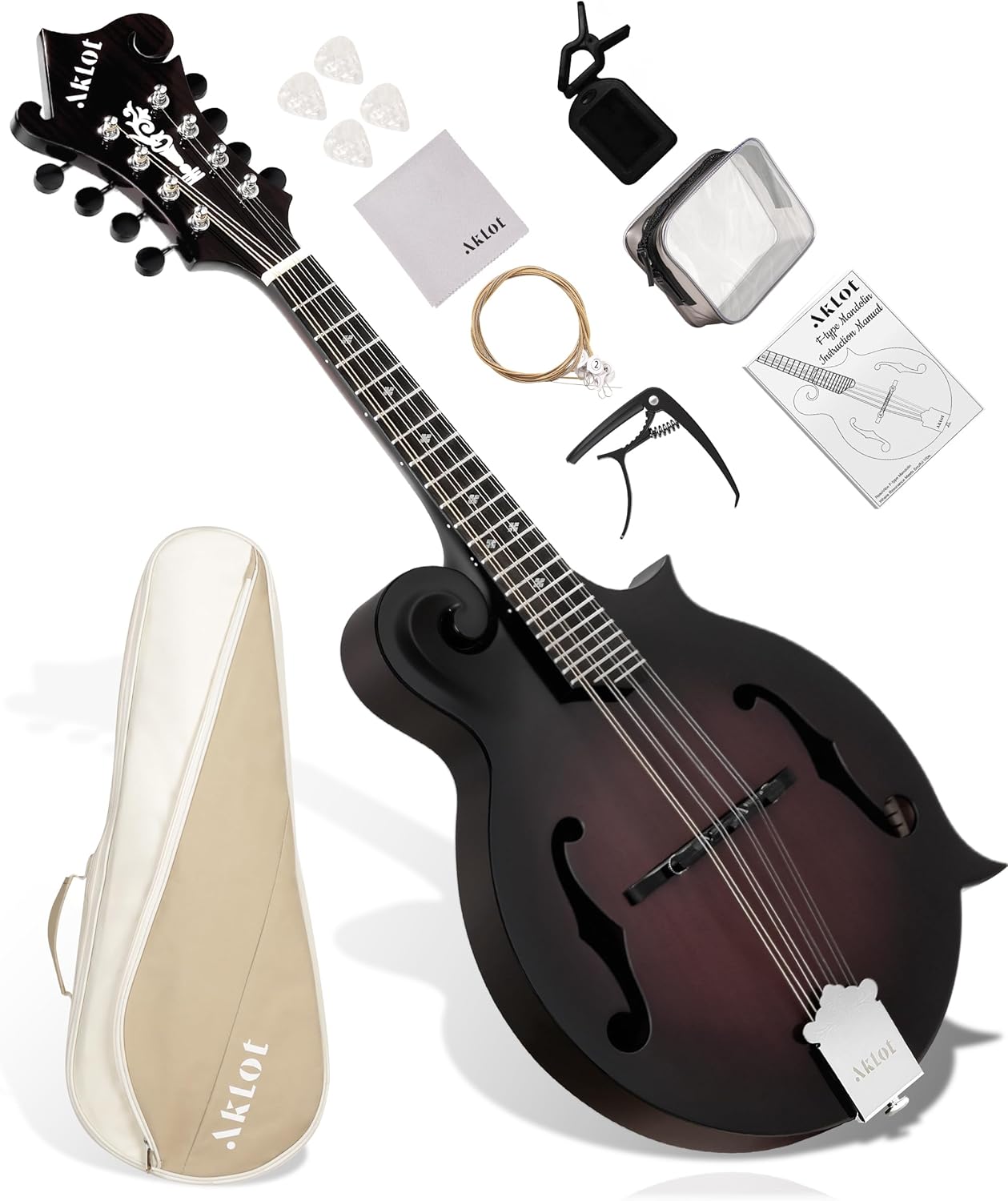 AKLOT F-Style Acoustic Mandolin Instrument: Hand-Carved Classic Scroll Headstock, Mahogany Body and Natural Bone Nut, Deluxe Mandolin Bundle with Padded Bag, Tuner, Capo and Picks (RV-FMT)