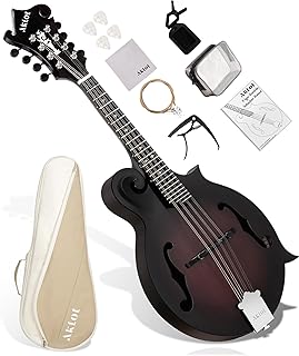 AKLOT F-Style Acoustic Mandolin Instrument: Hand-Carved Classic Scroll Headstock, Mahogany Body and Natural Bone Nut, Deluxe Mandolin Bundle with Padded Bag, Tuner, Capo and Picks (RV-FMT)
