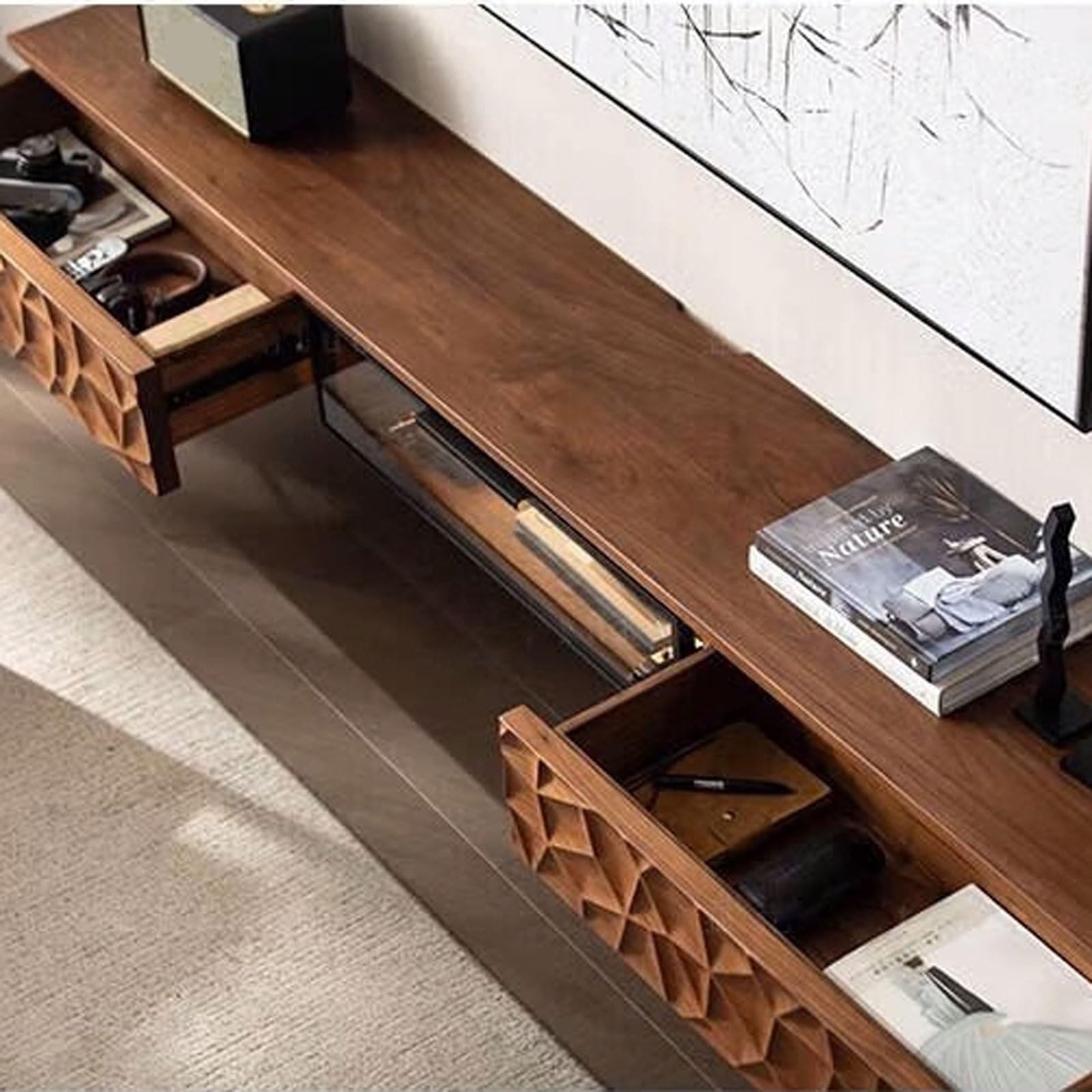 Moderne Wandhalterung, schwimmende TV-Konsole, schwarzes Walnussholz, schwimmendes TV-Regal, 70 Zoll / 78 Zoll, Entertainment-Media-Regal, TV-Wandeinheit mit 2 Schubladen und 1 Tür, für Schlafzimmer,