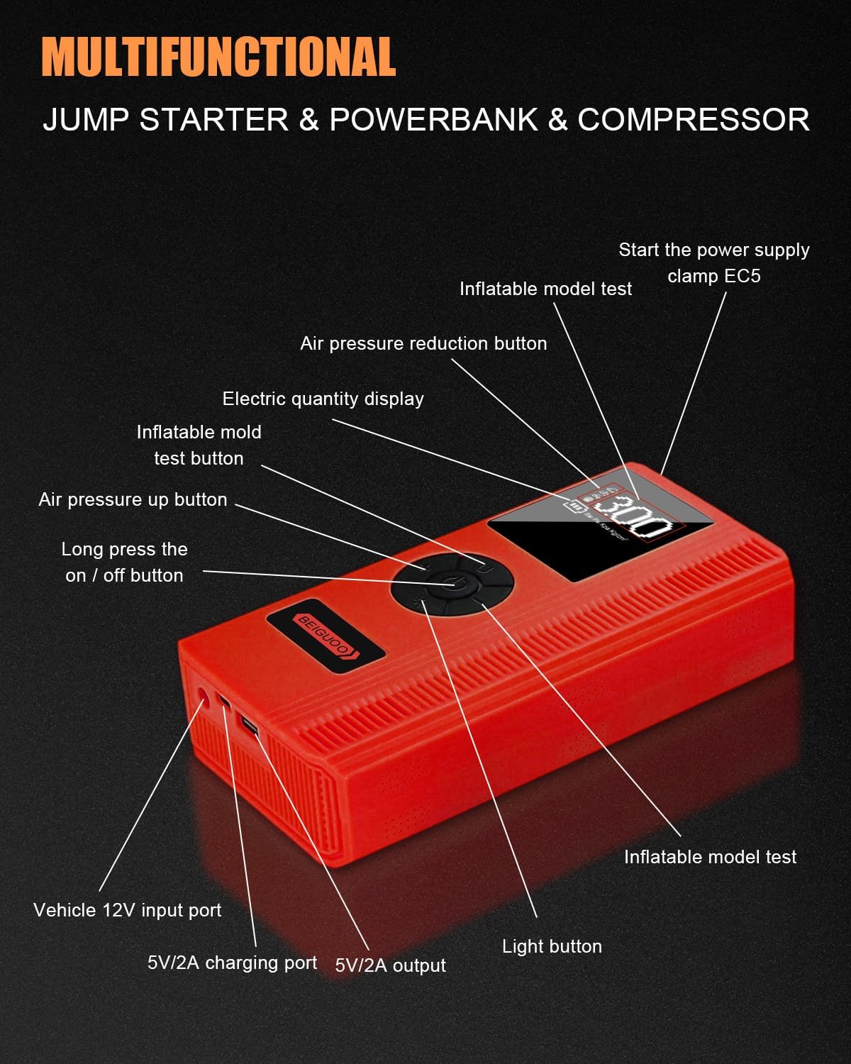 [Upgraded] Jump Starter with Air Compressor, Car Battery Jump Starter (8L Gas/6L Diesel), Jump Box Battery Jumper Starter Portable, 12V Portable Car Jump Starter with 150PSI Tire Inflator, LED Light - Image 5