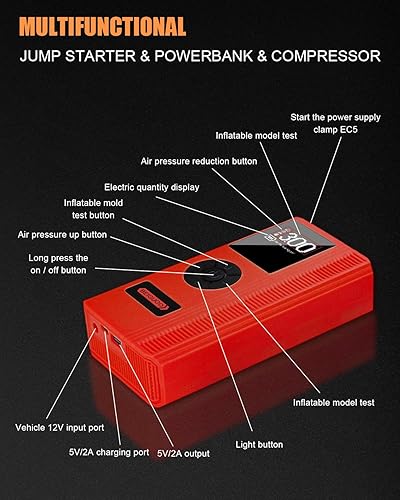 Miniatura 5 de Actualizado Arrancador con compresor de aire, arrancador de batería de coche (8L de gasolina6L diesel), arrancador de batería portátil de 12 V con