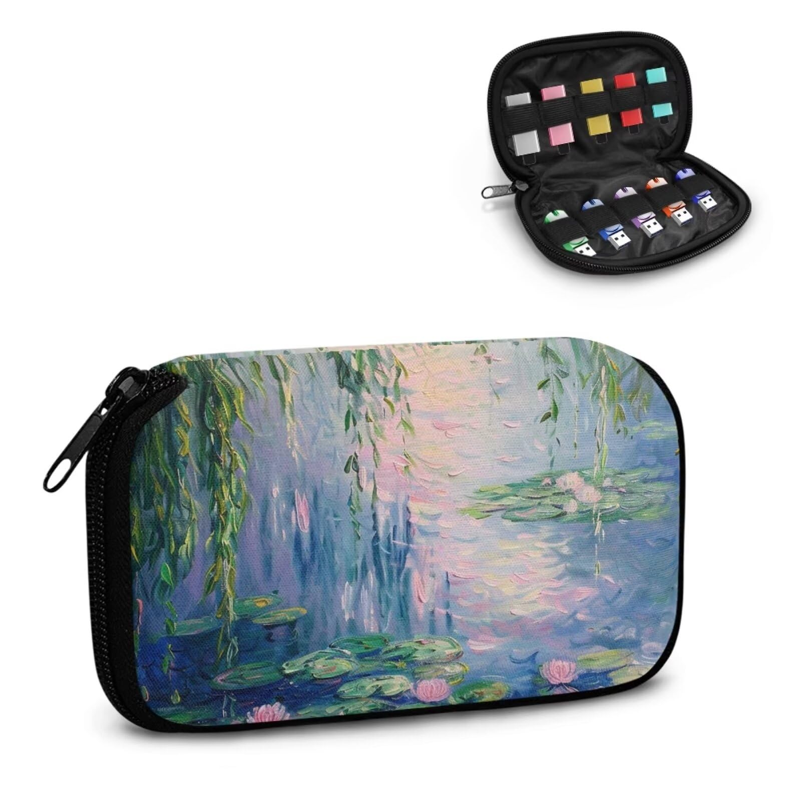 Vanideaoty Lotus Floral USB Storage Flash Drive Case Soft Material USB Organizer Box with 10 Slots Electronic Organizer Travel Case for Power Bank, Charging Cords, USB Cable, Earphones