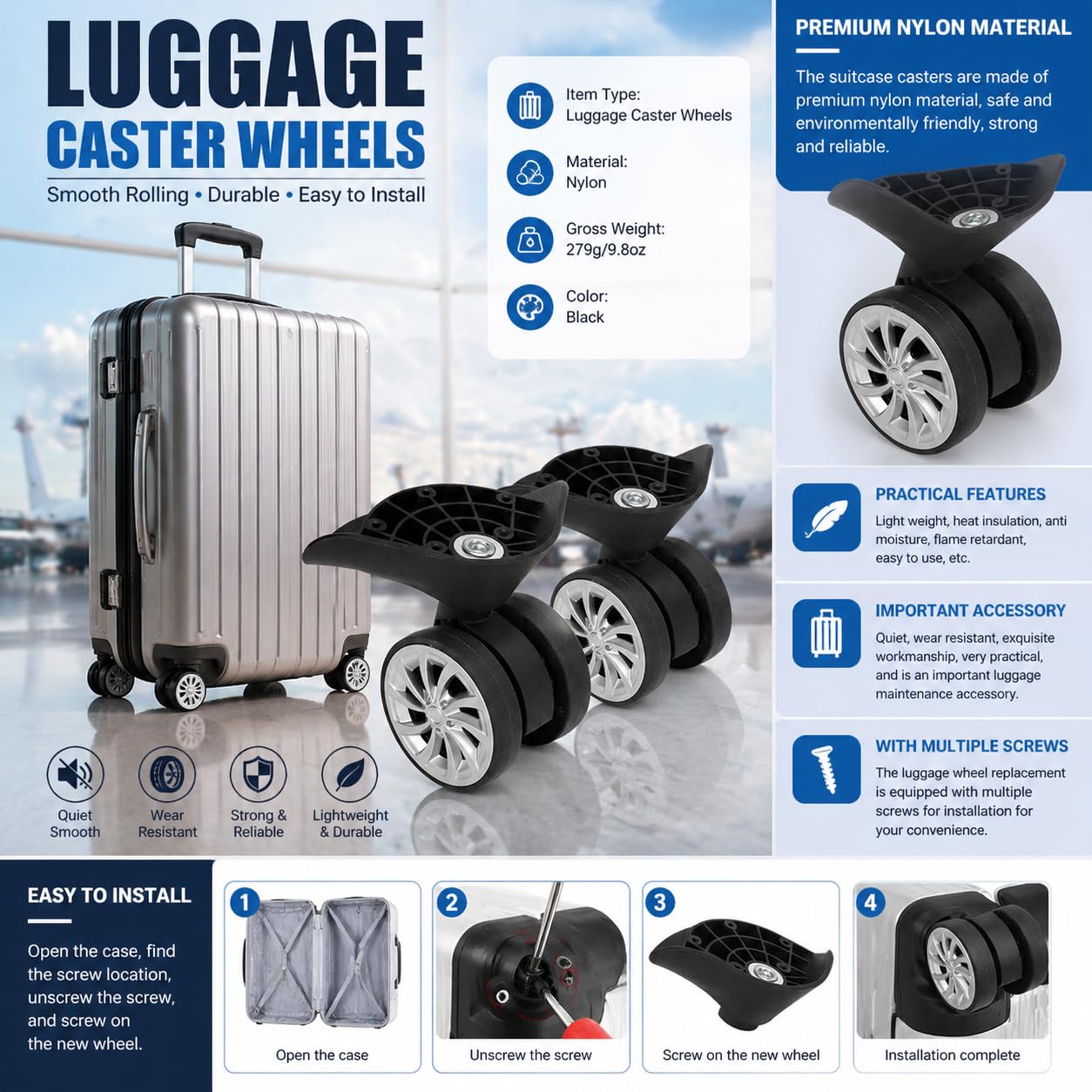 Roues de Valise à Bagages, 2 roulettes de Valise en Nylon Noir pour Voyage Bagages Valise Roulette de Remplacement Camping De Montagne