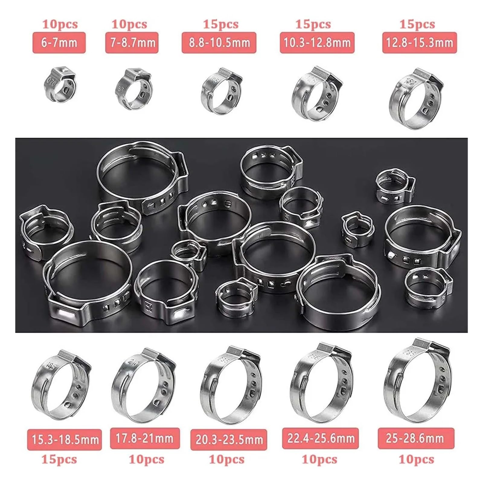 130 fascette stringitubo a orecchio singolo da 6,35 mm a 2,54 cm, in acciaio inox, fascette stringitubo in acciaio inox
