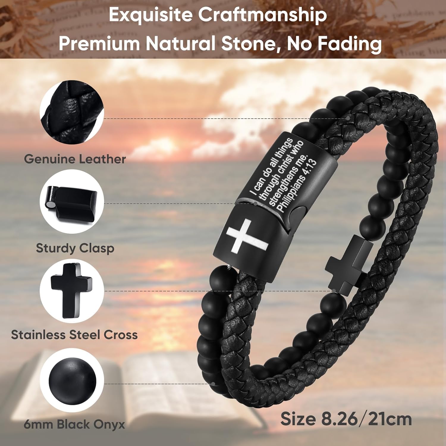 Men's Cross Bracelet for Men - Bible Verse Bead Rosary Braided Black Genuine Leather Bracelets, Bangle Engraved Love You Forever, Christian Catholic Religious Jewelry Christmas Gifts Ideas for Man - Image 5