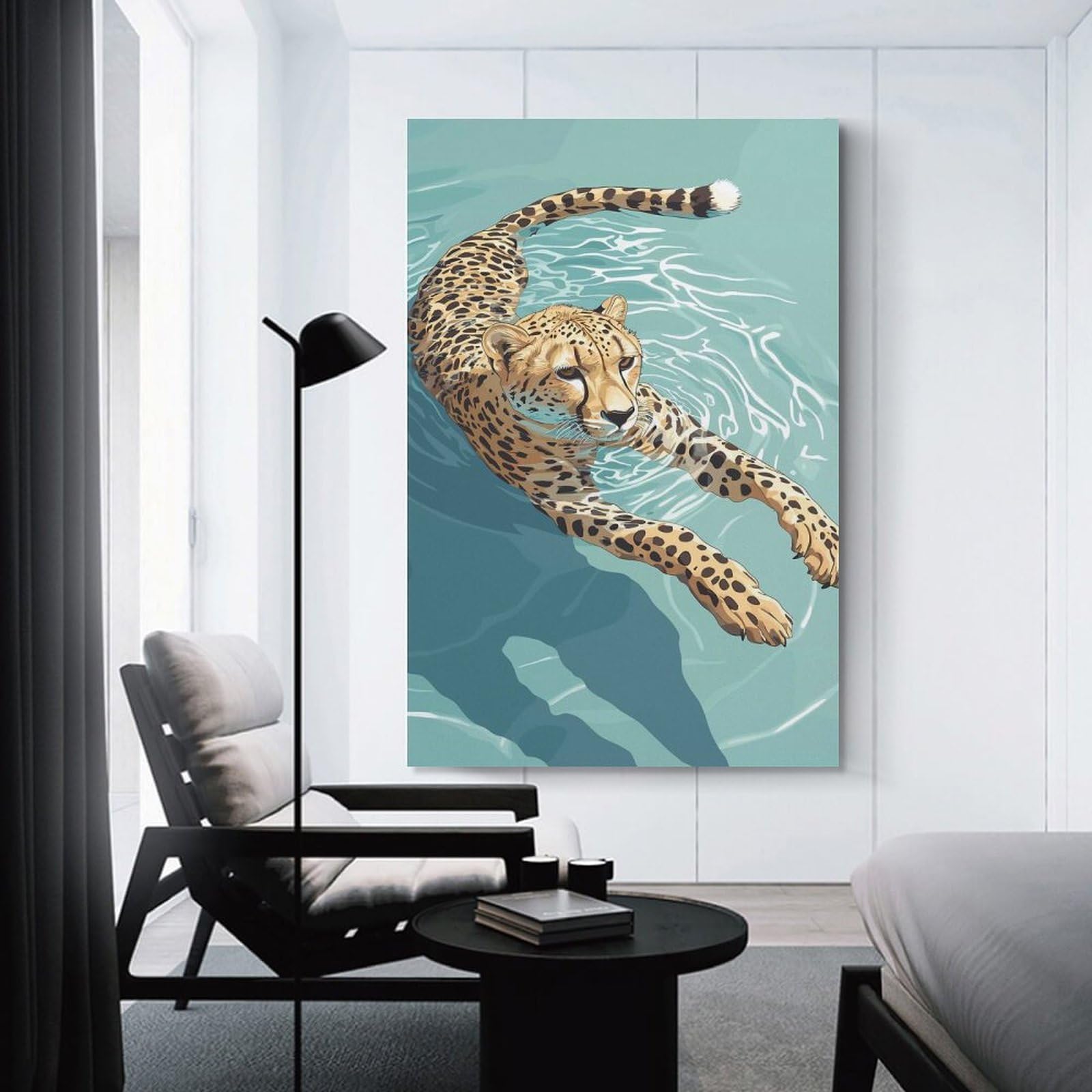 Junmoney Decorative Wall Artwork Cheetah Swimming in Water Illustration, 20x30inch(50x75cm), for Living Room, Bedroom Or Apartment Walls, Decorative Artwork for Empty Walls
