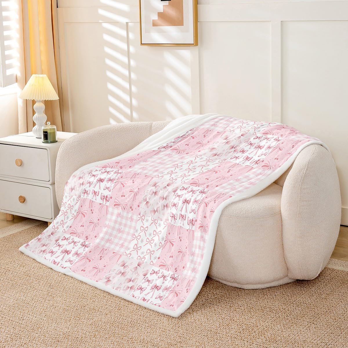 Feelyou Pink Bow Fleece Throw Blanket Twin 60"x80" Kids Bowknot Plaid Sherpa Blanket for Girls Teens Gift for Girls Women Kawaii Grid Princess Decor