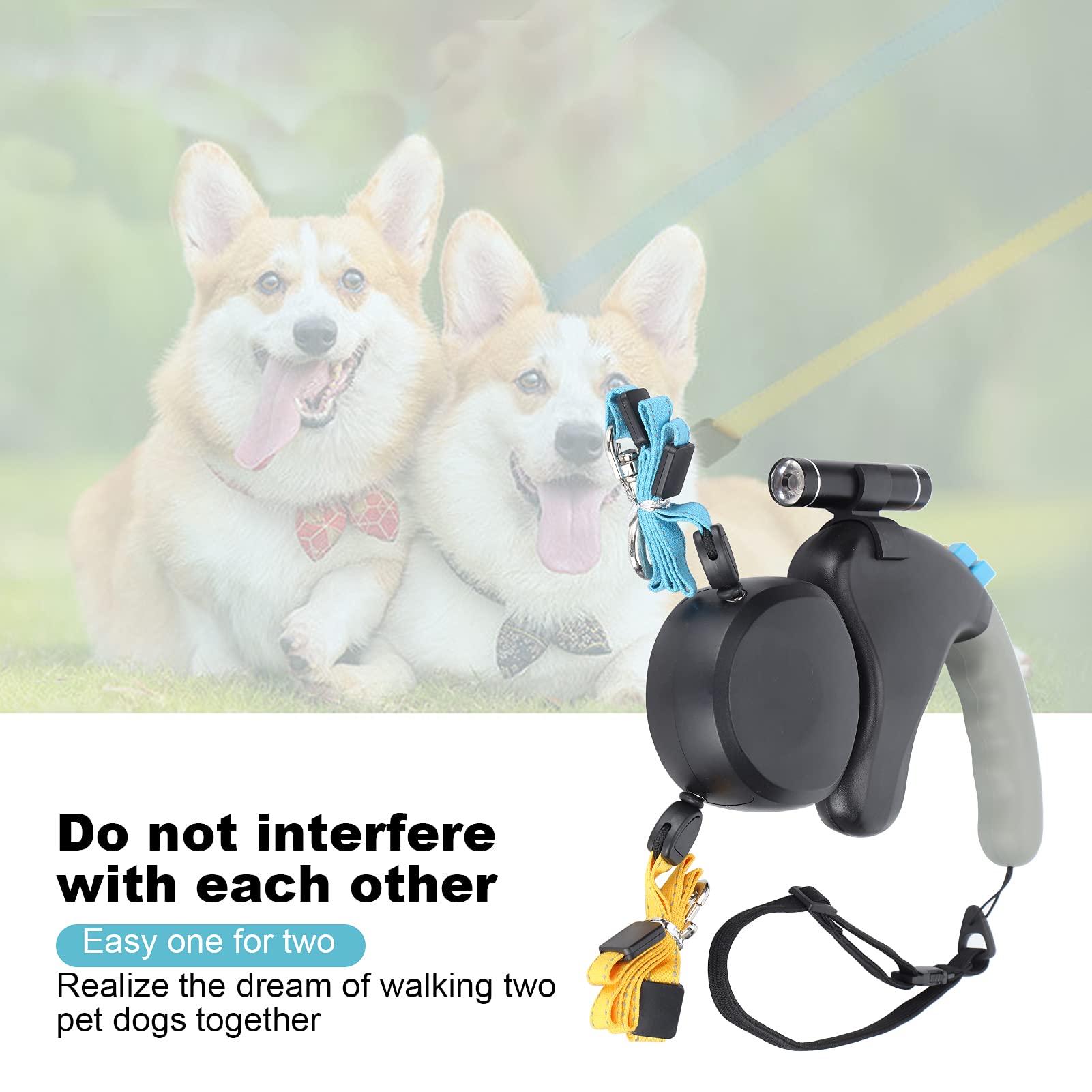 Rosvola Correa de Doble Extremo para Mascotas, Cuerda de Tracción de Doble Cabezal con Luz LED para Pasear a Dos Perros Juntos, Hecha de ABS Duradero de /9,8 Pies (Black)